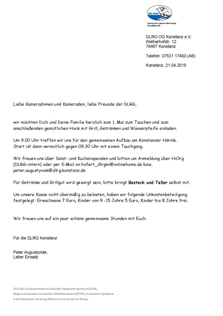 Einladung 1. Mai Hock DLRG Konstanz